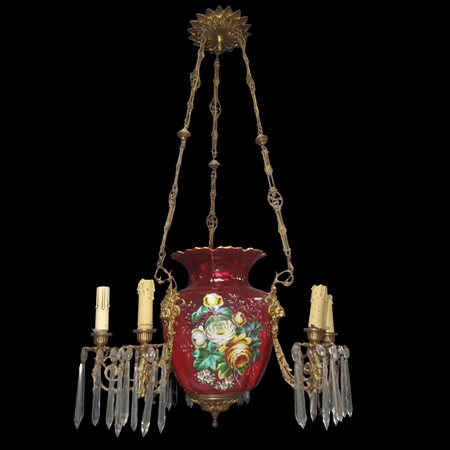 Sospensione in vetro di Murano rosa e dipinto a mano a sei luci