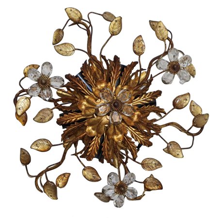 Plafoniera a 6 luci in metallo dorato con cristalli molati
