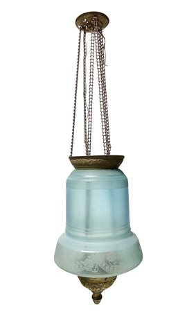 Lume in ottone e vetro di colore azzurro, Primi 20° secolo