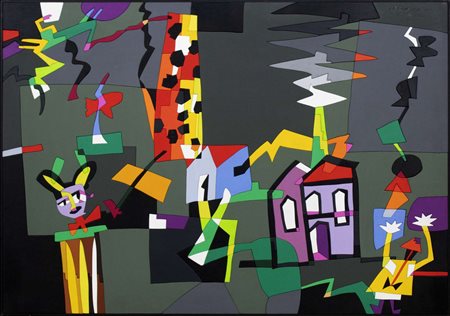 Ugo Nespolo, Dreams, fine anni Novanta, olio e intarsi su tavola, 100x70 cm,...