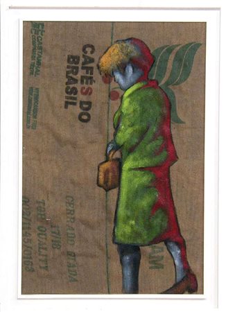 Hannu Palosuo, Tomorrow Never Knows, 2014, olio su sacco di caffè, 120x80 cm,...