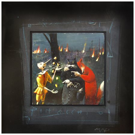 MARIO MADIAI Livorno 1944 Pinocchio Olio e t.m. su tavola 39,2 x 39,2. Firma...