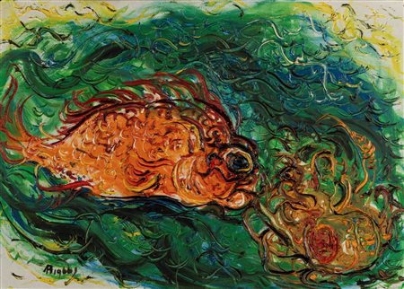 Kusuma Affandi (Reggenza di Cirebon, Indonesia 1907-Giava, Indonesia 1990)  - Pesce rosso, 1966
