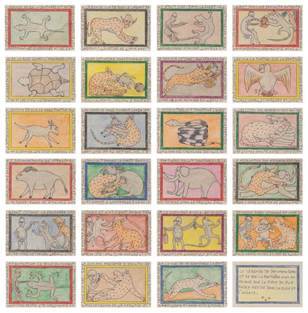 Frédéric Bruly Bouabré (Zépréguhé 1923-Abidjan 2014)  - La légende de Drounema Zapeu et de Gbi la panthere nous enseigne que la force du plus faible réside dans la ruse et l'audace, 1995