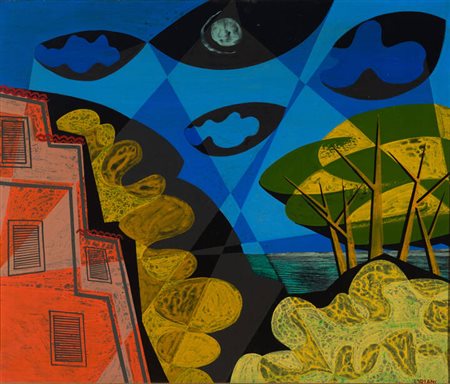 PIPPO ORIANI<BR>Torino 1909 - 1972 Roma<BR>"Case, pini, mare" 1960