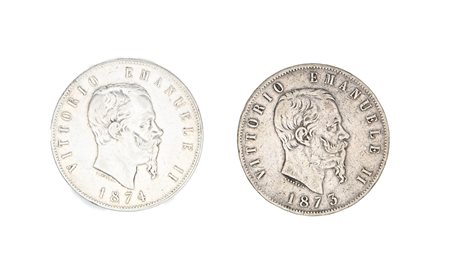 2 Monete da 5 lire 1873 M e 1874 M Vittorio Emanuele II Regno d'Italia