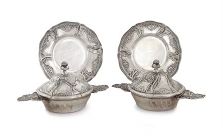 ARGENTI RECENTI COPPIA DI LEGUMIERE CON COPERCHIO E PRESENTOIRE IN ARGENTO,...