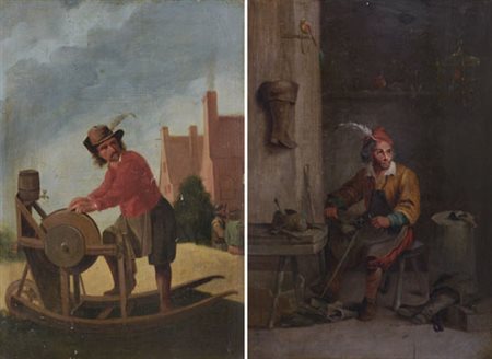 PITTORE OLANDESE DEL XVIII SECOLO Due figure dei mestieriCoppia di oli su...