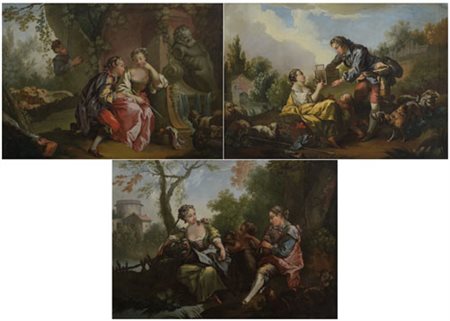 SCUOLA FRANCESE DEL XIX SECOLO Scene galantiTre oli su tela, cm 65x90.