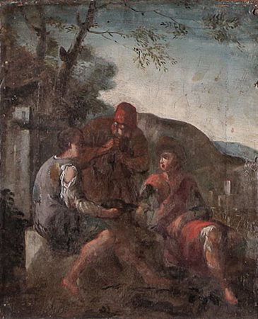 PITTORE DEL XVIII SECOLO Sosta di viandanti Olio su tela, cm 26x21; usure.