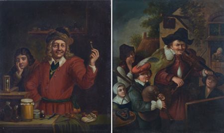 PITTORE OLANDESE DEL XVIII SECOLO Interno con figure Famiglia di suonatori...