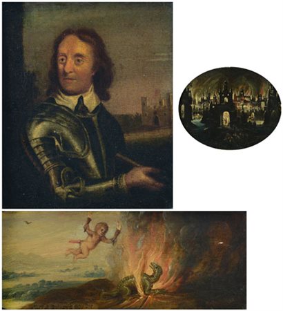 PITTORE DEL XVII SECOLO Notturno con incendio di Troia Olio su rame ovale, cm...