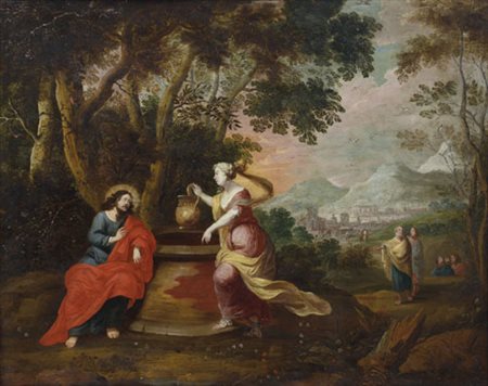 PITTORE FIAMMINGO DEL XVII SECOLO Paesaggio con Rebecca al pozzoOlio su rame,...