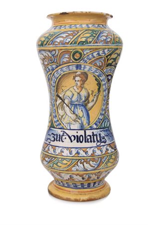 FAENZA GRANDE ALBARELLO IN MAIOLICA, FAENZA, XVI SECOLO, decoro policromo...