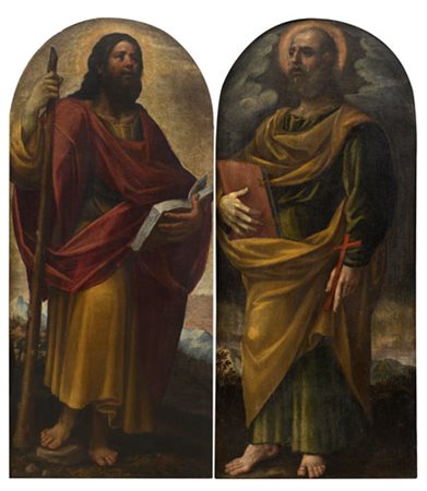 SCUOLA BERGAMASCA DEL XVII SECOLO Due santi evangelisti Coppia di oli su tela...