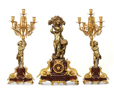 SUSSE FRERES TRITTICO DA CAMINO IN BRONZO DORATO E MARMO ROSSO, PARIGI, SUSSE...