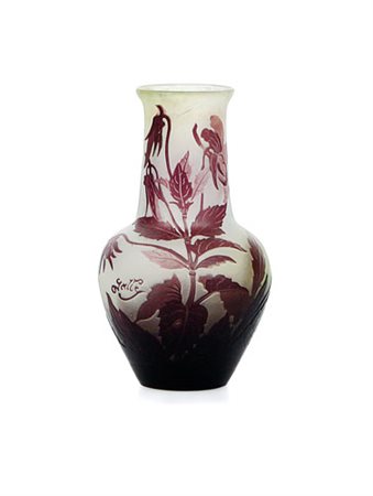 GALLE' VASO IN VETRO DOPPIO, GALLE', 1900 CA., piriforme, decoro con fiori e...