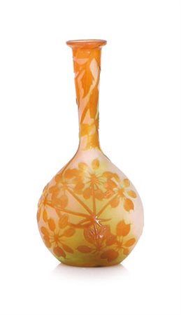 GALLE' VASO SOLIFLORE IN VETRO DOPPIO, GALLE', 1900 CA., a bulbo, decoro a...