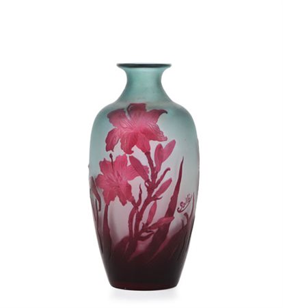 GALLE' VASO IN VETRO DOPPIO, GALLE', 1900 CA., ovoidale, decoro ad amaryllis...