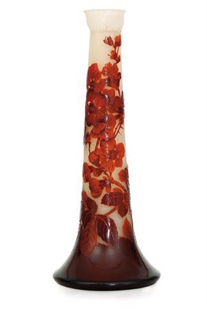 GALLE' VASO IN VETRO DOPPIO, GALLE', 1900 CA., troncoconico, decoro ad...