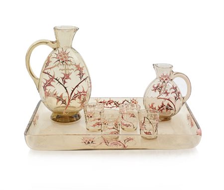 GALLE' SERVIZIO DA LIQUORE IN CRISTALLO DECORATO A SMALTI POLICROMI, GALLE',...