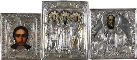 ICONA RUSSA DEL XIX SECOLO CristoTre santiSan NicolaTre tempera all'uovo su...