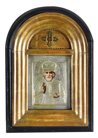 ICONA RUSSA DEL XIX SECOLO San NicolaTempera all'uovo su tavola con riza in...