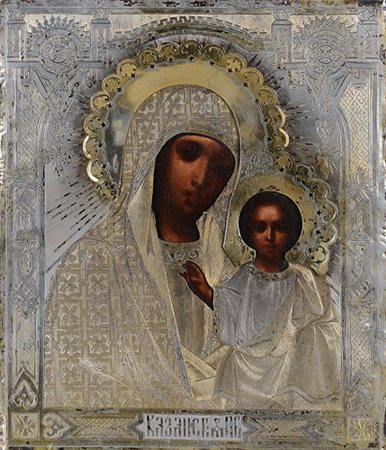 ICONA RUSSA DEL XIX SECOLO Madonna di KazanTempera all'uovo su tavola con...
