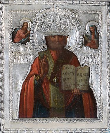 ICONA RUSSA DEL XVIII SECOLO San NicolaTempera all'uovo su tavola con basma...