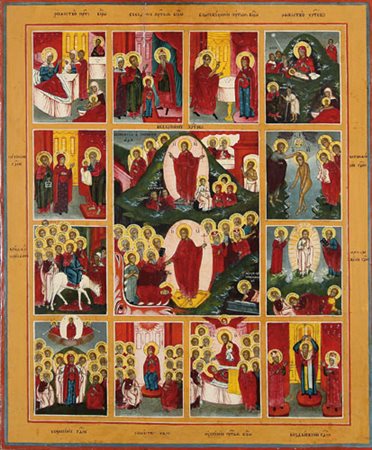 ICONA RUSSA DEL XIX SECOLO Dodici grandi feste Tempera all'uovo su tavola a...