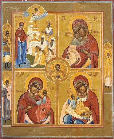 ICONA RUSSA DEL XIX SECOLO Icona quadripartita con al centro angelo del...