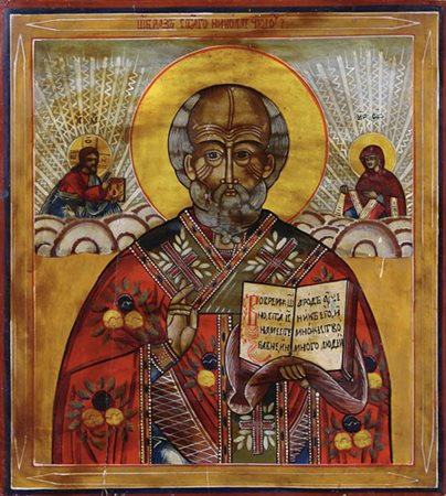ICONA RUSSA DEL XIX SECOLO San Nicola con Cristo e la VergineTempera all'uovo...