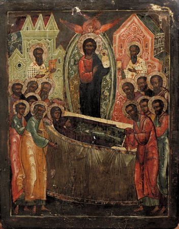 ICONA RUSSA DEL XVIII SECOLO La dormizione delle VergineTempera all'uovo su...