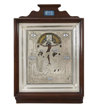 ICONA RUSSA DEL XIX SECOLO CrocefissioneTempera all'uovo su tavola con riza...