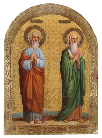 ICONA RUSSA DEL XIX SECOLO Due SantiTempera all'uovo su tavola a fondo oro,...