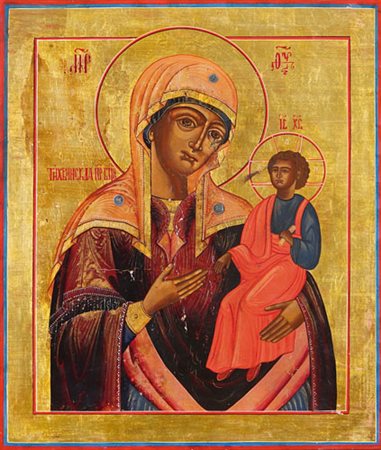 ICONA RUSSA DEL XIX SECOLO Madonna di TichvinTempera all'uovo su tavola a...