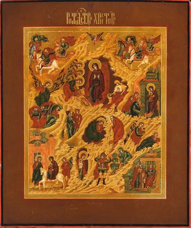 ICONA RUSSA DEL XIX SECOLO Natività e scene di vitaTempera all'uovo su...