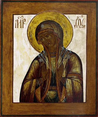ICONA RUSSA DEL XVIII SECOLO Madonna delle sette spade Tempera all'uovo su...