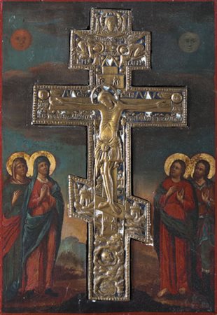 ICONA RUSSA DEL XIX SECOLO CrocefssioneTempera all'uovo su tavola con croce...