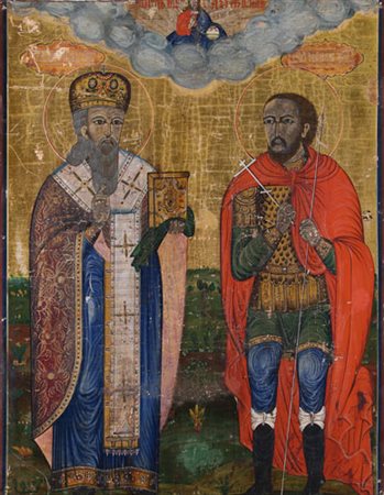 ICONA RUSSA DEL XIX SECOLO Santo metropolita (San Modesto ?) e San Teodoro...