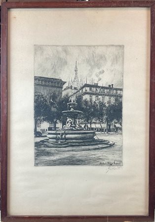 Firma indecifrata 
"Milano - Piazza Fontana"
acquaforte
(lastra cm 29x21,5; fog