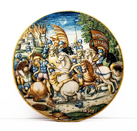 Piatto raffigurante l' Incendio di Troia    Manifattura Molaroni, Pesaro fine del XIX secolo
