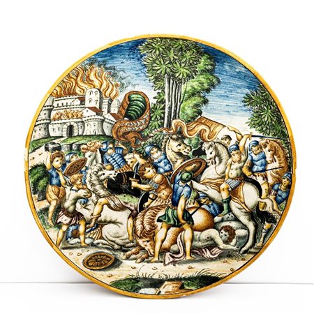 Piatto raffigurante Incendio di Troia   Manifattura Molaroni, Pesaro fine del XIX secolo
