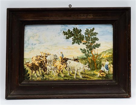 Mattonella maiolicata raffigurante armenti e greggi al pascolo   Vincenzo Volpe