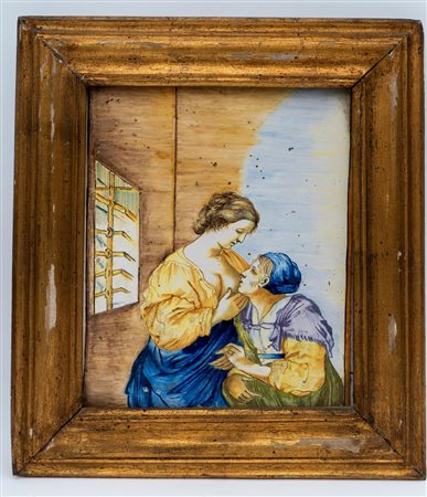 Mattonella maiolicata raffigurante la cd. "caritas romana", ovvero la vicenda di Piero e Cimone in carcere.   Fedele  Vitacolonna