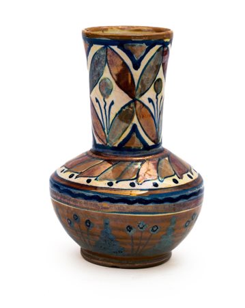 Coppia di piccoli vasi: uno biansato Società Mastro Giorgio in stile moresco, l'altro vaso con collo rastremato Alfredo Santarelli    Manifattura di Gualdo Tadino del XX secolo