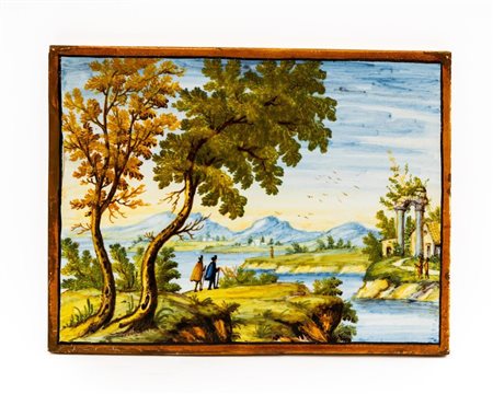 Mattonella maiolicata raffigurante viandanti in paesaggio fluviale   Manifattura di Castelli (TE) degli anni '40 del XX secolo