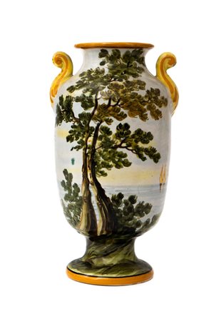 Vaso biansato con manici a ricciolo e decoro a paesaggio   Manifattura di Castelli del XX secolo