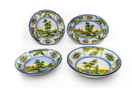 Servizio da pranzo da 12 con bordi mistilinei e decoro "a tombolino" della Fabbrica Bontempo   Manifattura di Francavilla al Mare del XX secolo