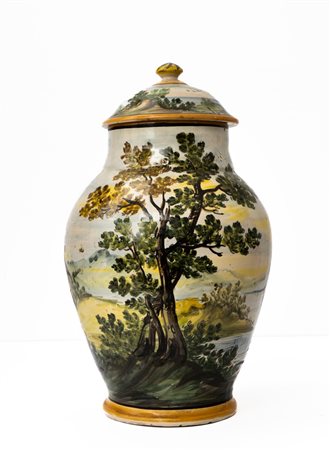 Vaso potiche in maiolica con decoro nel corpo e nel coperchio con ornato a paese    Manifattura di Castelli del XX secolo